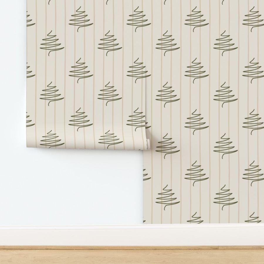 Christmas Trees And Stripes Layered - Olive Green on Beige