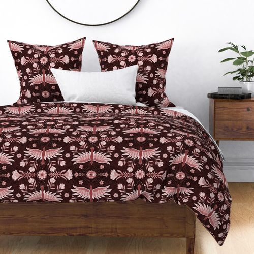 Soar- flying birds folk flowers & eyes - crimson red black- Large