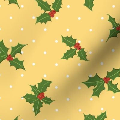 Christmas Holly Berry Sprigs (M) Yellow-Gold with White Dot Background