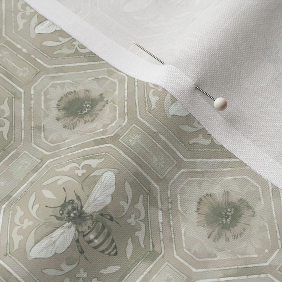 Honey Bees On Italian Tile - Small Size - Monochrome Neutral Cement Gray