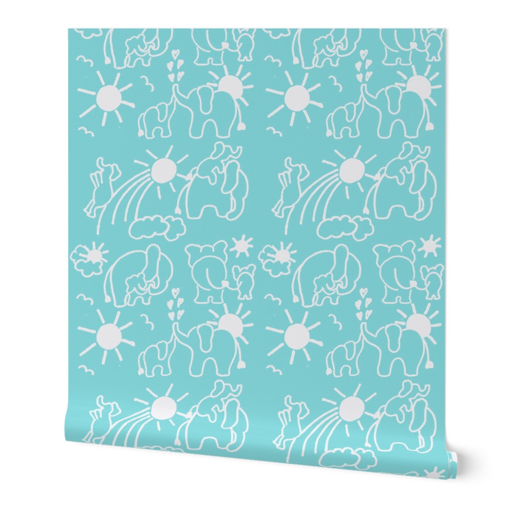 LARGE SCALE You Are My Sunshine Elephants in Aqua and White