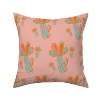 Tropical Turquoise Blue & Orange Cactus on Pink Background