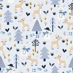 Whimsical Reindeer Woodland Blue Linen Texture Holiday Print