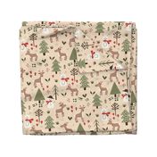 Whimsical Reindeer Woodland Red and Green  Linen Texture Holiday Print