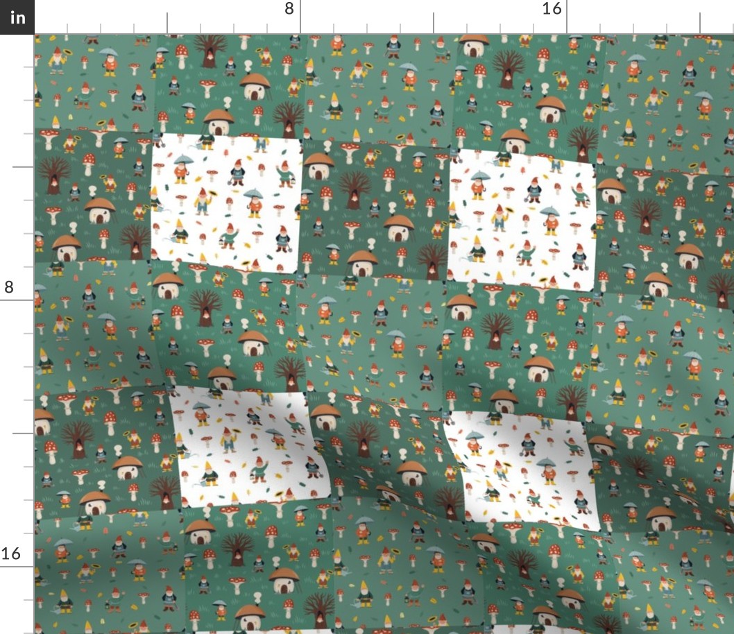 Emerald green and Brown Mushrooms Gnomes wholecloth