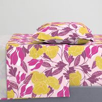 (Large) Bright Mustard Yellow And Pink European Floral Design On Blush Pink