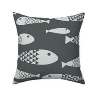 (L) Minimalist Marine Blue Fish with Textured Markings -  Gray Tones