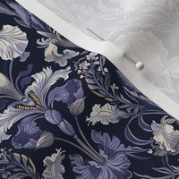 Vintage Iris damask blossoms shades of blue and white on navy blue - small