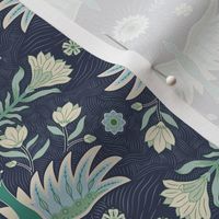 Soar- flying birds folk flowers & eyes - navy blue aqua cream - Sml