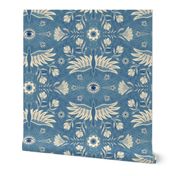 Soar- flying birds folk flowers & eyes - french blue cream - Large