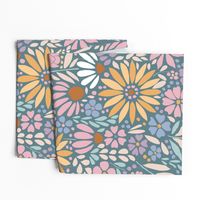 Retro Floral Mosaic in Sunny Yellow. Misty Green and Lilac Purple (M)