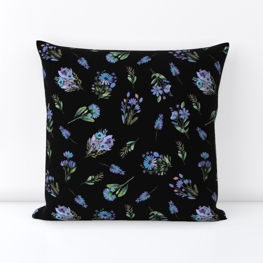 Wildflowers Blue and Lavender On Black Large 12" Non-directional