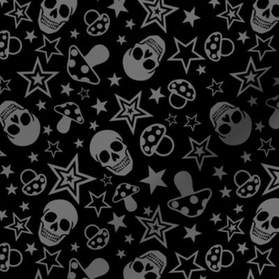 (S) Black And Gray Pop Punk Rock Pattern With Mushrooms Skulls And Stars