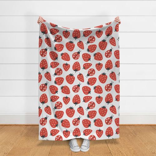 (L) Cute Scattered Strawberries and Ladybugs - Ruby Red on Off White Smoke