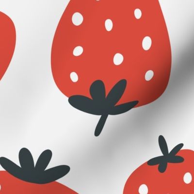 (L) Cute Scattered Strawberries and Ladybugs - Ruby Red on Off White Smoke