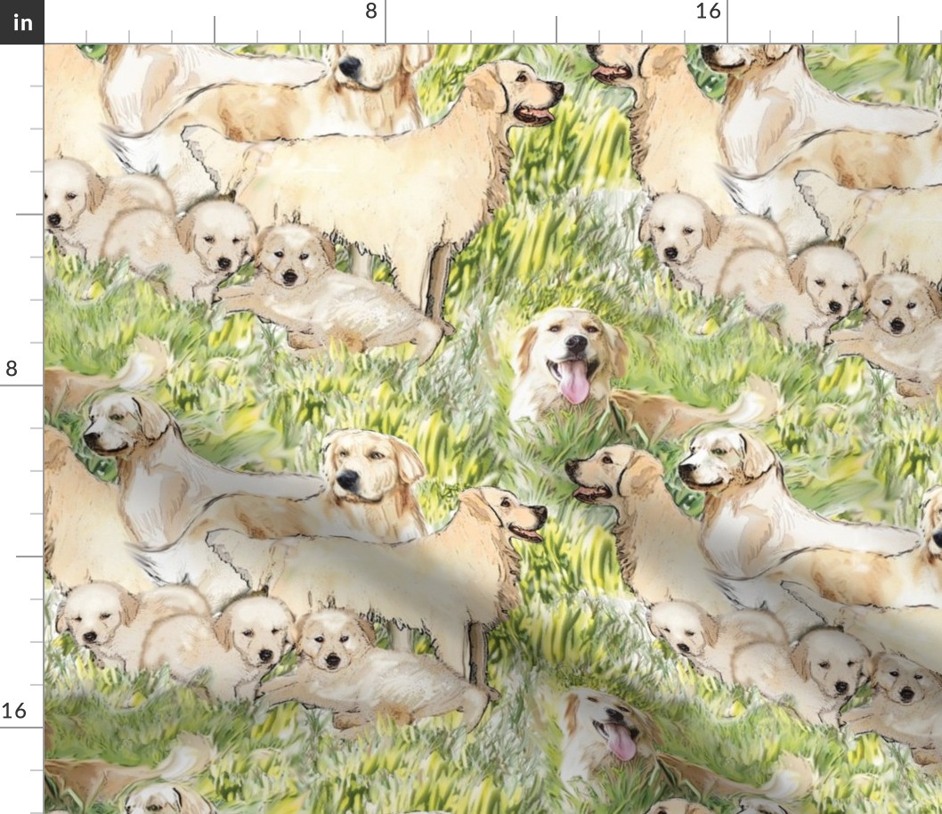 Golden Retrievers In The Grass fabric