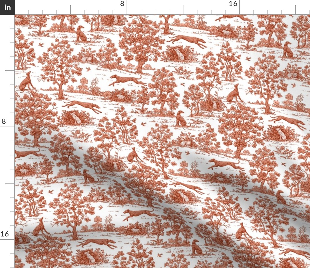 Red Greyhound Toile fabric, wallpaper, and gift wrap