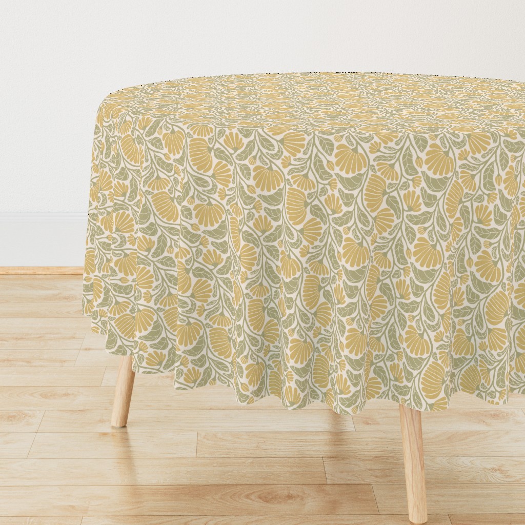 (S) Mustard Yellow Floral Damask with Sage Green Vine on Linen Texture