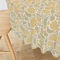 (S) Mustard Yellow Floral Damask with Sage Green Vine on Linen Texture