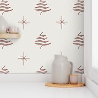 Abstract Christmas Trees & Stars - Red Brown on Ivory