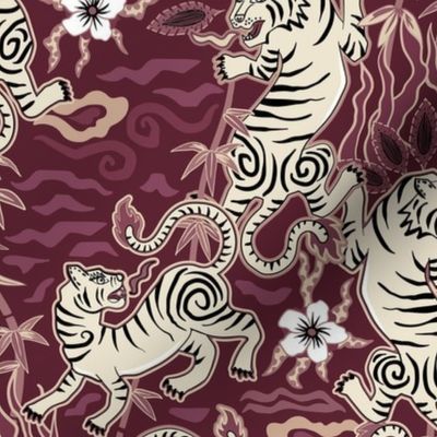 Bright flaming spring tigers - Asian beasts burgundy tones cream - medium