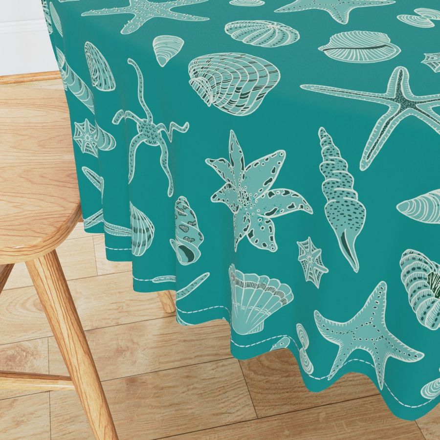 Starfish seastars and sea shells - Turquoise on Dark Teal Blue Green - XL