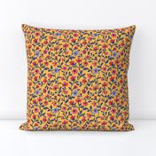 Micro Whimsical Floral Vine Pattern In Red And Blue On Sunny Yellow