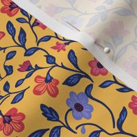 Micro Whimsical Floral Vine Pattern In Red And Blue On Sunny Yellow