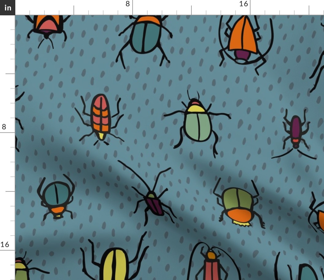 Handdrawn Bugs on blue with dots - xl