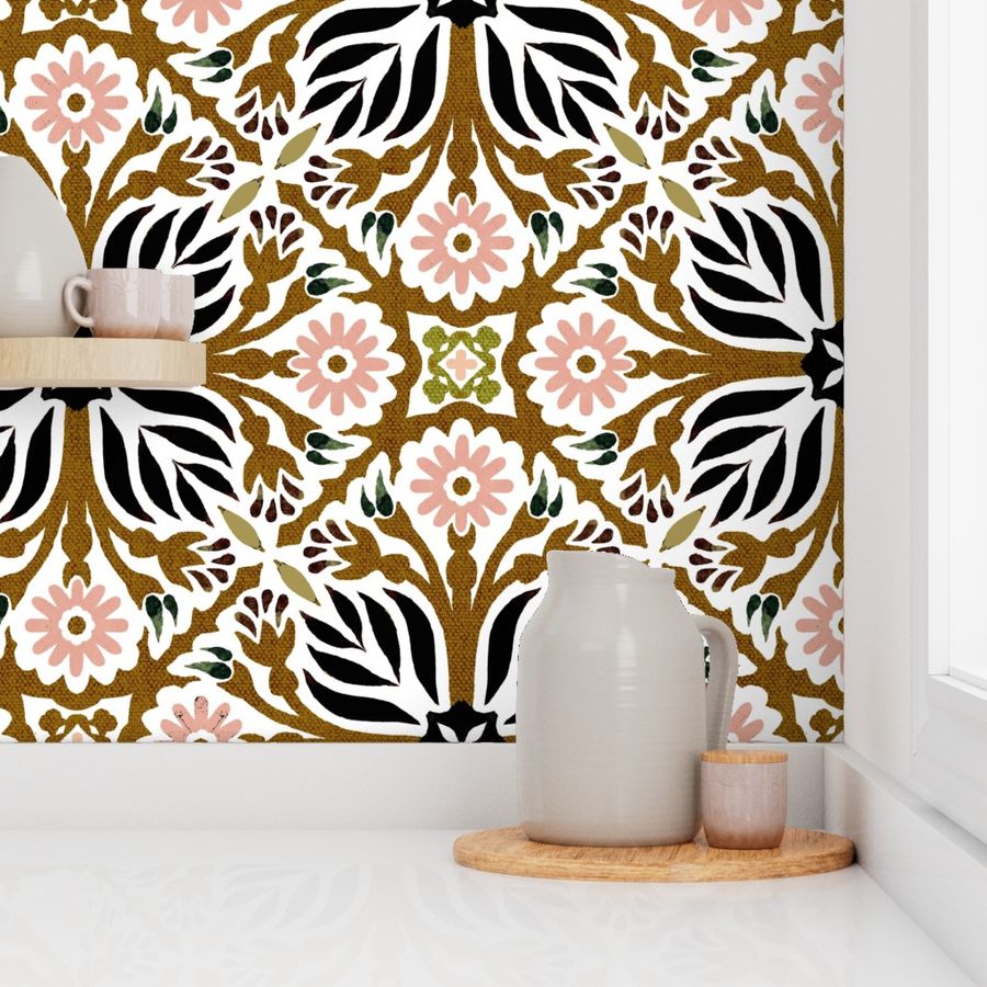 Moroccan watercolor painted geometric backsplash/floral jewel amber pink