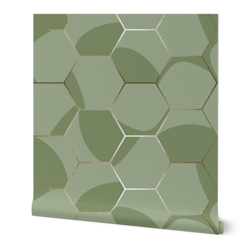 (L) Hexagon tiles with geometric curves and kintsugi border - sage green