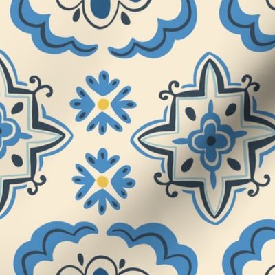 (L) Mediterranean mosaic style hand drawn pattern - blue & cream