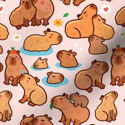 Capybara family on pink