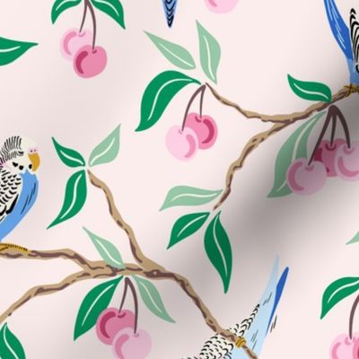 Budgies in the cherry tree - custom barely pink and green leaves - medium