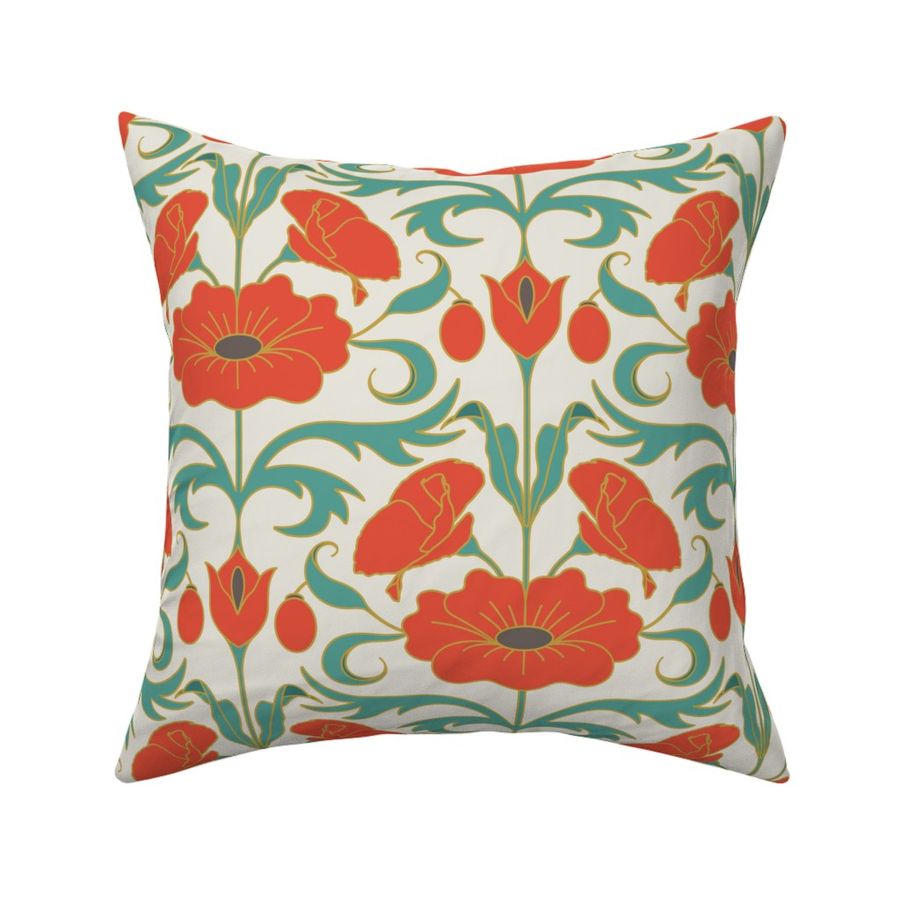 Poppy & Leaves Art Nouveau Style Red Green Cream 12"