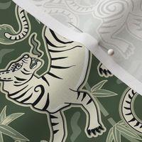 Muted flaming tigers - Asian beasts olive green cream - medium