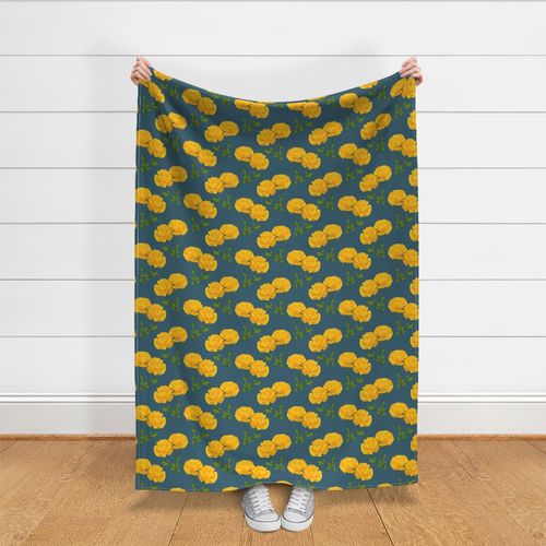 Floating Oriental Golden Blooms - peacock teal blue