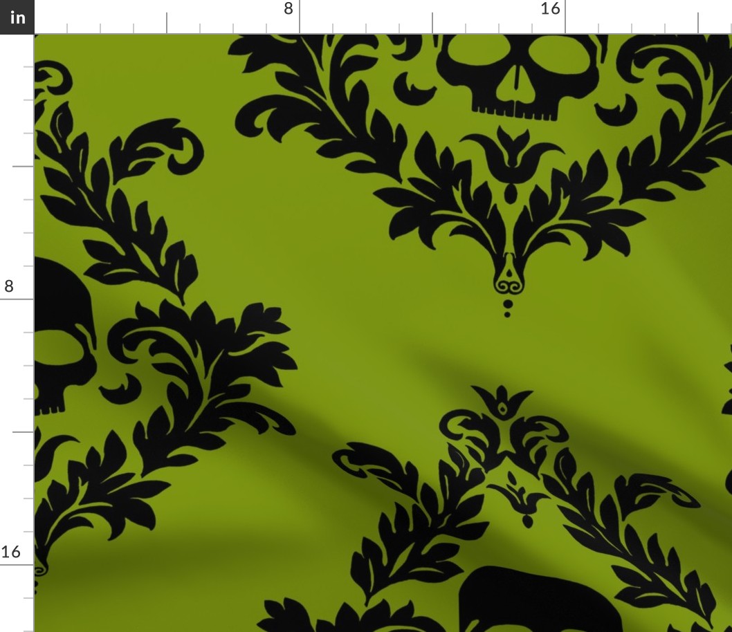 Black Skull Damask On Avacado Green Huge