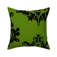 Black Skull Damask On Moss Green Huge