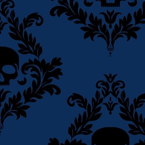 Black Skull Damask On Navy Blue Huge