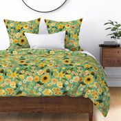 Maximalist Yellow Flowers On Grass Green Bakground Large