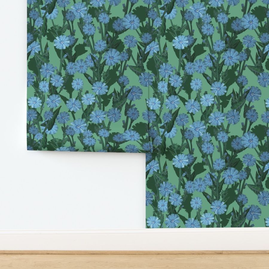 Blue Chicory Maximalist Hand Drawn Meadow Flowers on Greens