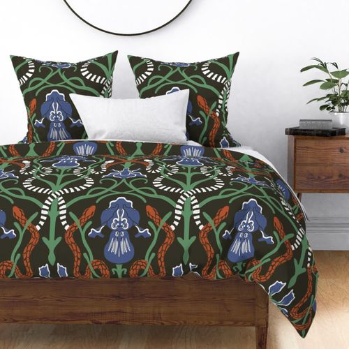 MAXIMALIST ART NOUVEAU HAND DRAWN IRIS FLORAL & SNAKE BLACK BLUE GREEN XL