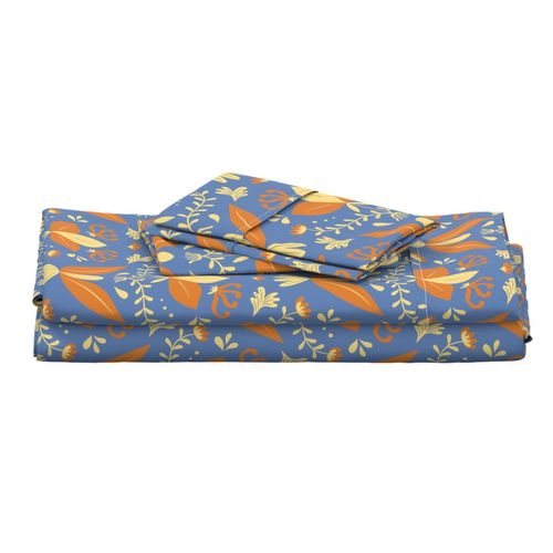 Sumatra Floral Orange and Pale Yellow w/ Blue Background