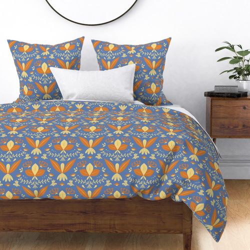 Sumatra Floral Orange and Pale Yellow w/ Blue Background