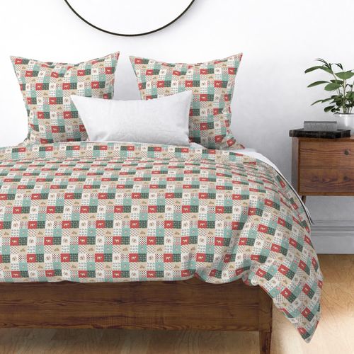 Small Christmas Farm Cheater Quilt - Teal Red Beige - Gender Neutral