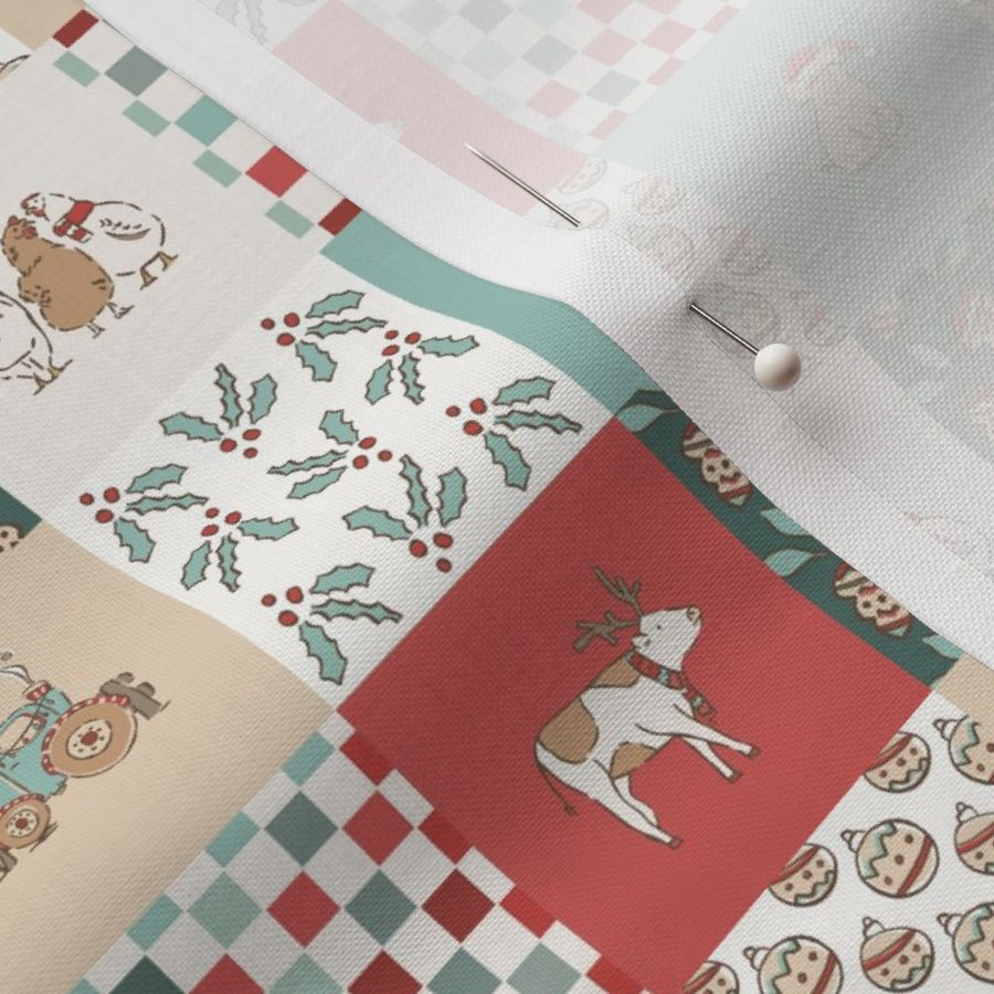 Small Christmas Farm Cheater Quilt - Teal Red Beige - Gender Neutral