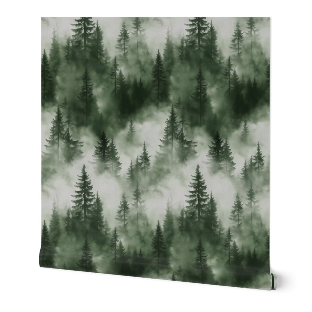 Misty Pine Trees in Desaturated Forest Green and Gray Medium