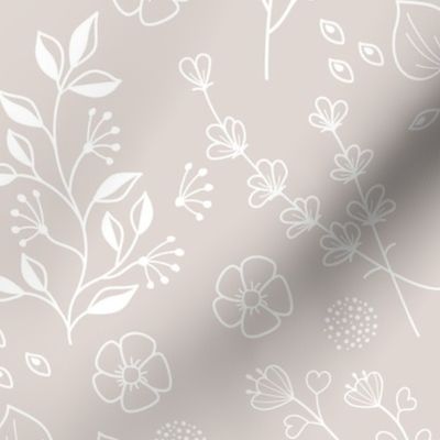 White Botanical Illustrations on Grey Background Wallpaper - Chic Decor