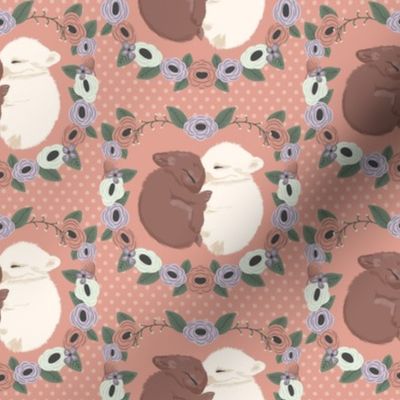 Sleepy Bunnies Floral Wreath Fabric - Woodland Nursery Decor - Dusky Rose